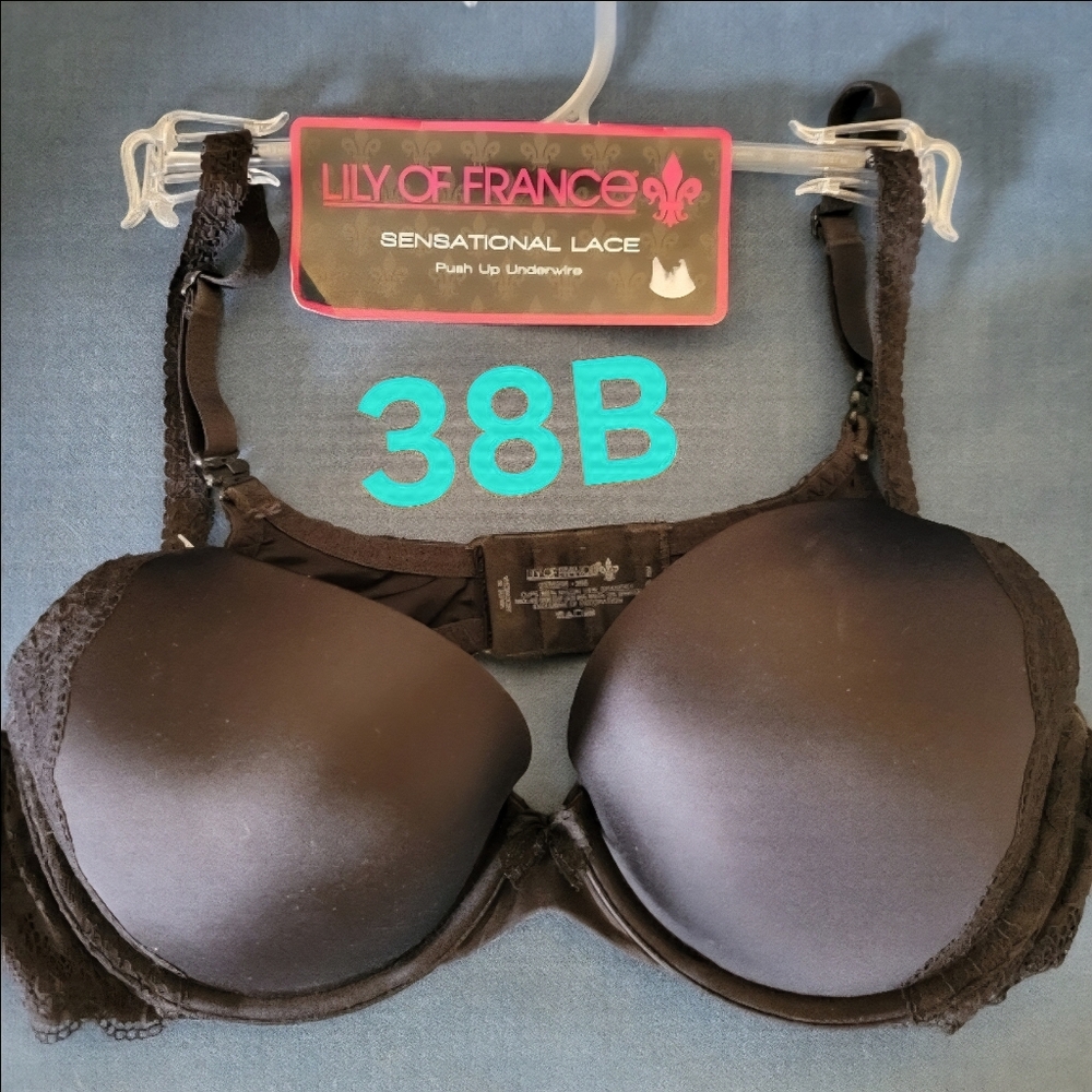 New W Tags Women's Black Lily Of France Padded Bra Sensational Lift 38B Or 36C